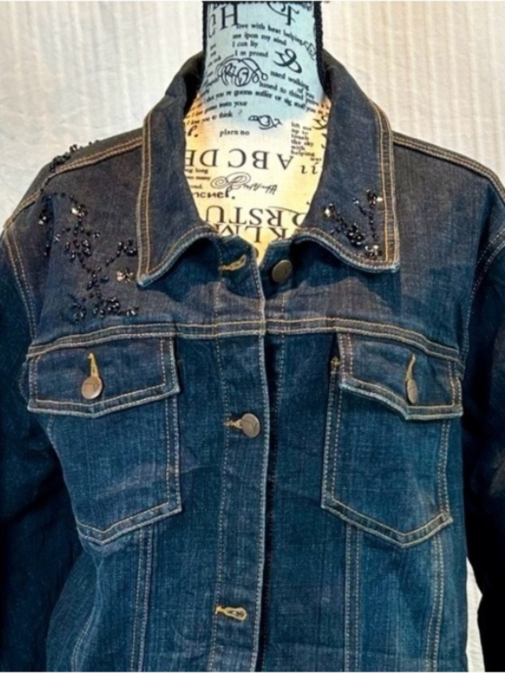 Lane Bryant Venezia Sz 22/24 3x Denim Jean Jacket Black Beaded Cotton Stretch